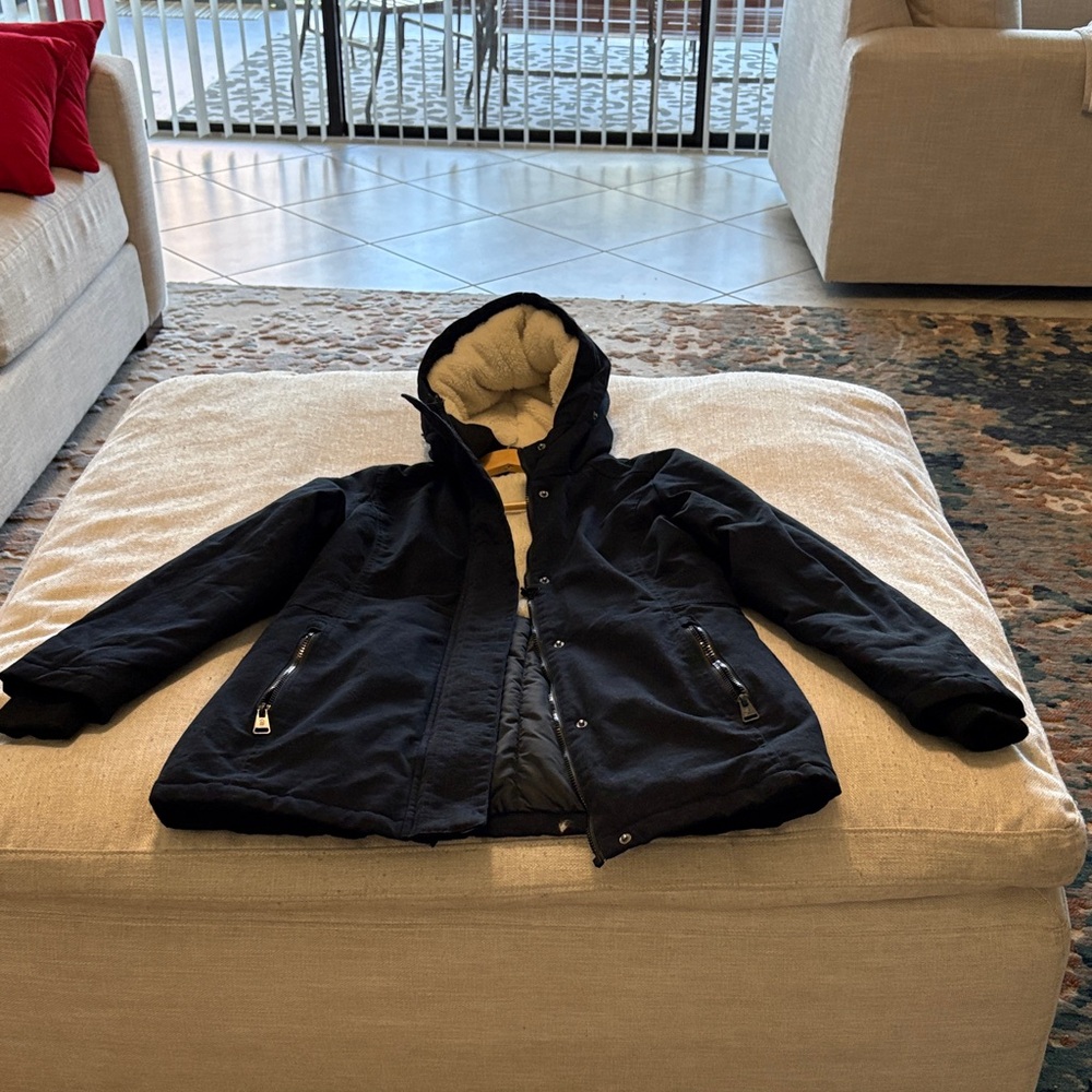 Black Hooded thermo super soft shell jacket faux fur cream hoodie.